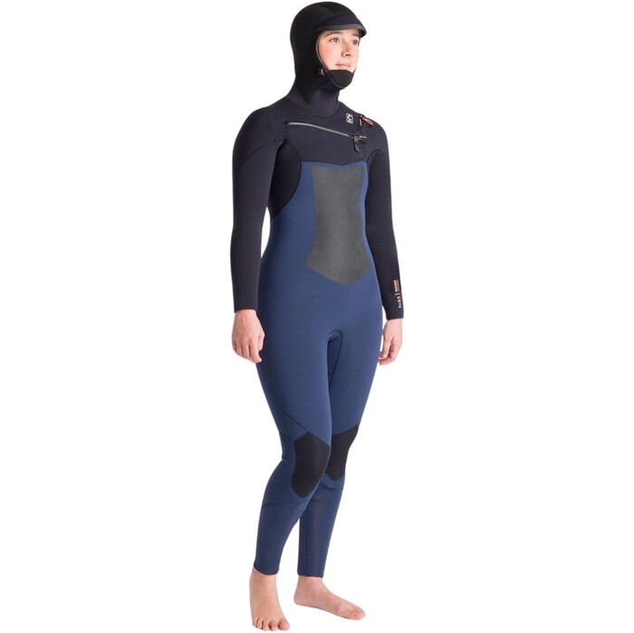 2024 C-Skins Womens NuWave ReWired 6/5mm Chest Zip Hooded Wetsuit C-NRW65WH - Bluestone / Black x / Coral